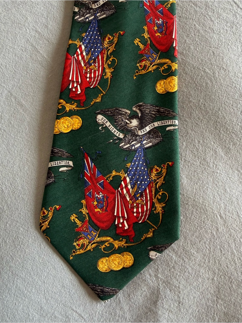 Gianfranco Ferre Vintage Silk Tie Green Patriotic Eagle Flag Print 4” Wide 90s